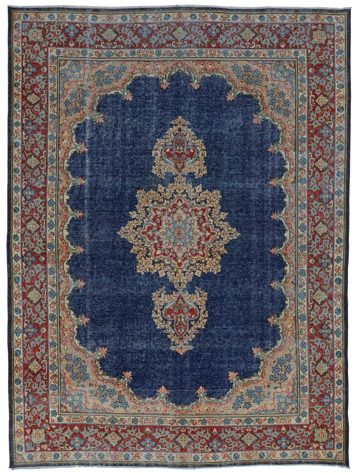 Rusvo Lacivert Kırmızı Madalyon Desenli Yün El Dokuma Halı 244x328 cm