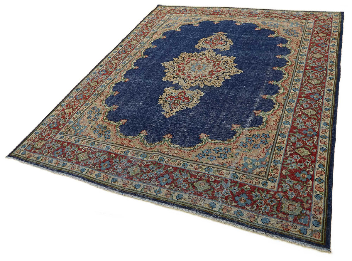 Rusvo Lacivert Kırmızı Madalyon Desenli Yün El Dokuma Halı 244x328 cm – doku yakın çekim