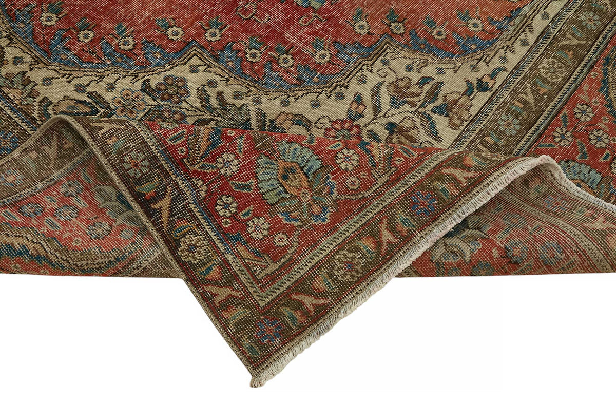 Rusvo Kırmızı Vintage Madalyon Desenli Yün El Dokuma Halı 262x372 cm – kenar detayı