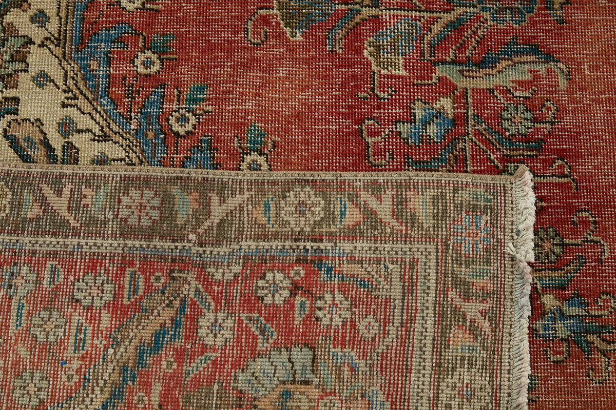 Rusvo Kırmızı Vintage Madalyon Desenli Yün El Dokuma Halı 262x372 cm – arka yüz görünümü