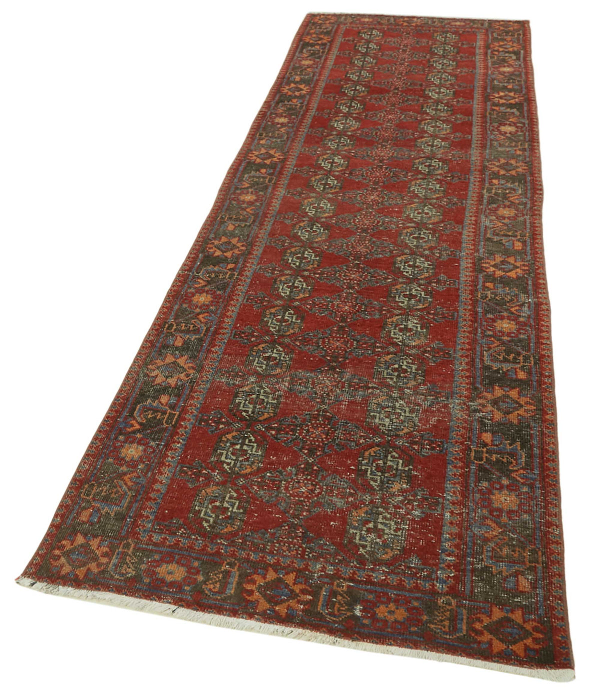 Rusvo Kırmızı Lacivert Madalyon Desenli Vintage Yün Yolluk 100x320 cm – doku yakın çekim