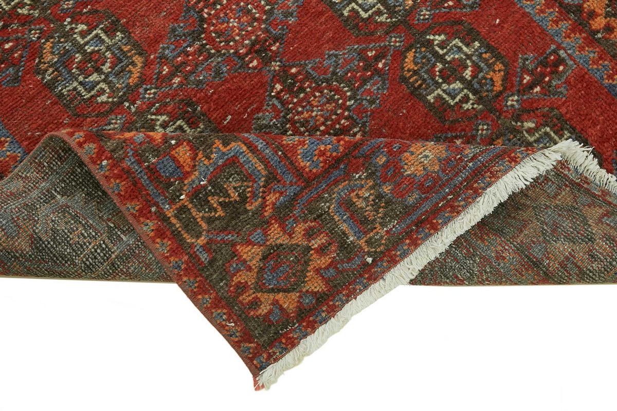 Rusvo Kırmızı Lacivert Madalyon Desenli Vintage Yün Yolluk 100x320 cm – kenar detayı