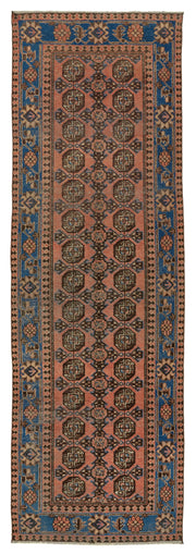 Rusvo Turuncu Mavi Madalyonlu Vintage Yün Halı 105x327 cm