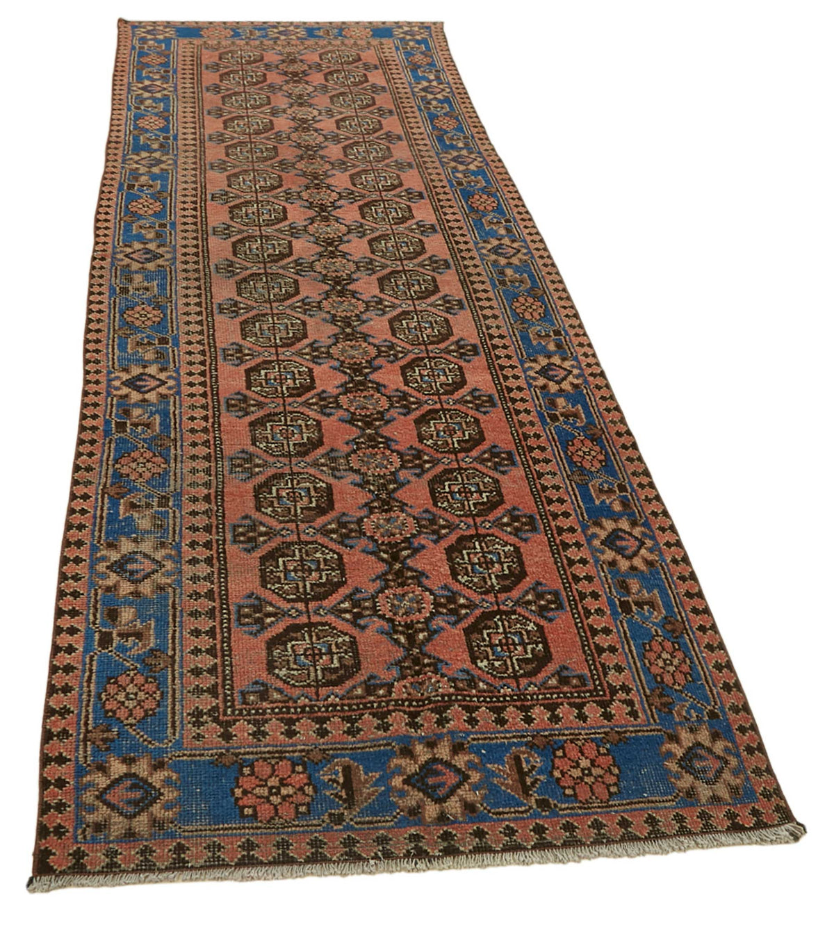 Rusvo Turuncu Mavi Madalyonlu Vintage Yün Halı 105x327 cm – genel görünüm
