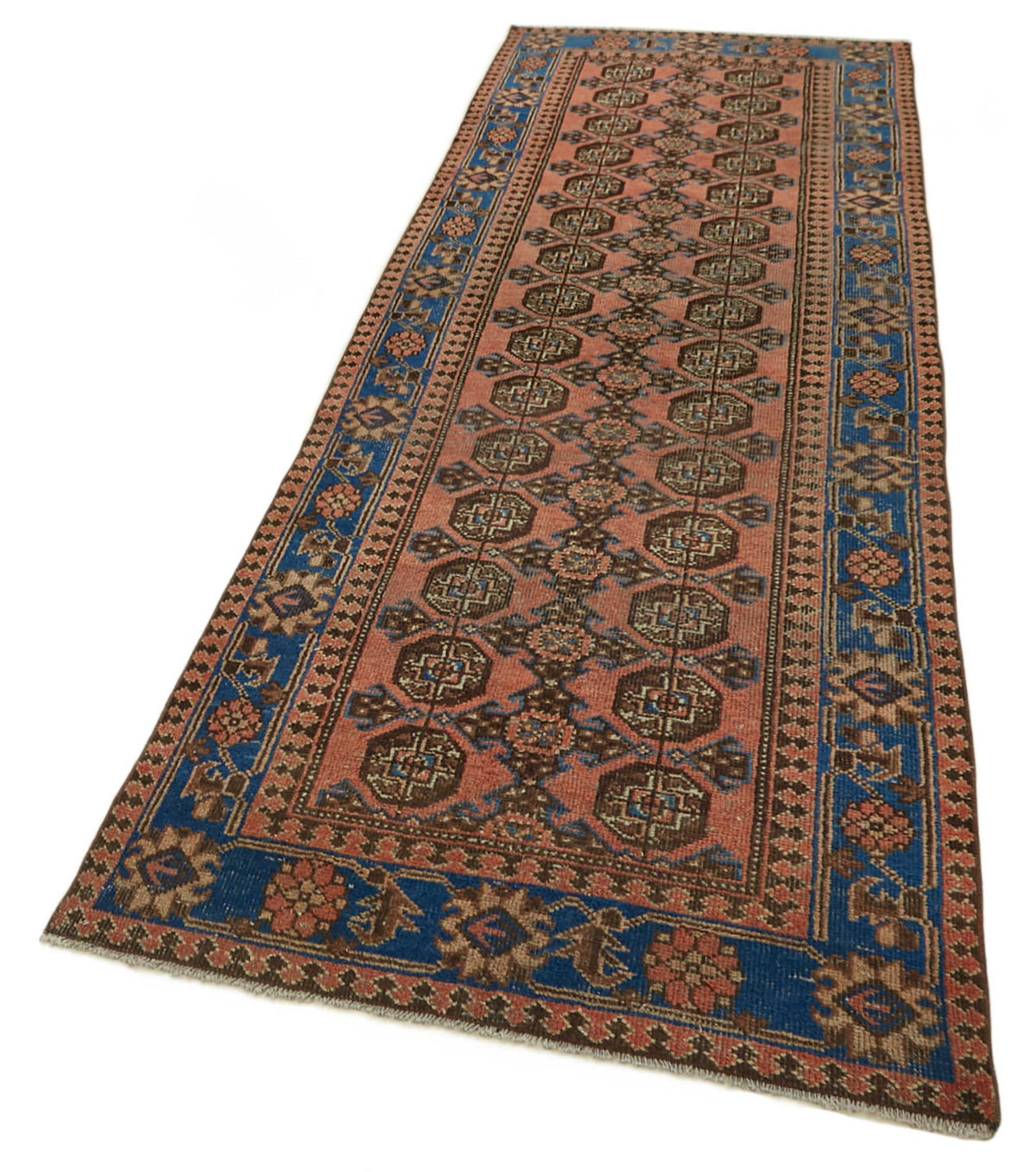 Rusvo Turuncu Mavi Madalyonlu Vintage Yün Halı 105x327 cm – doku yakın çekim