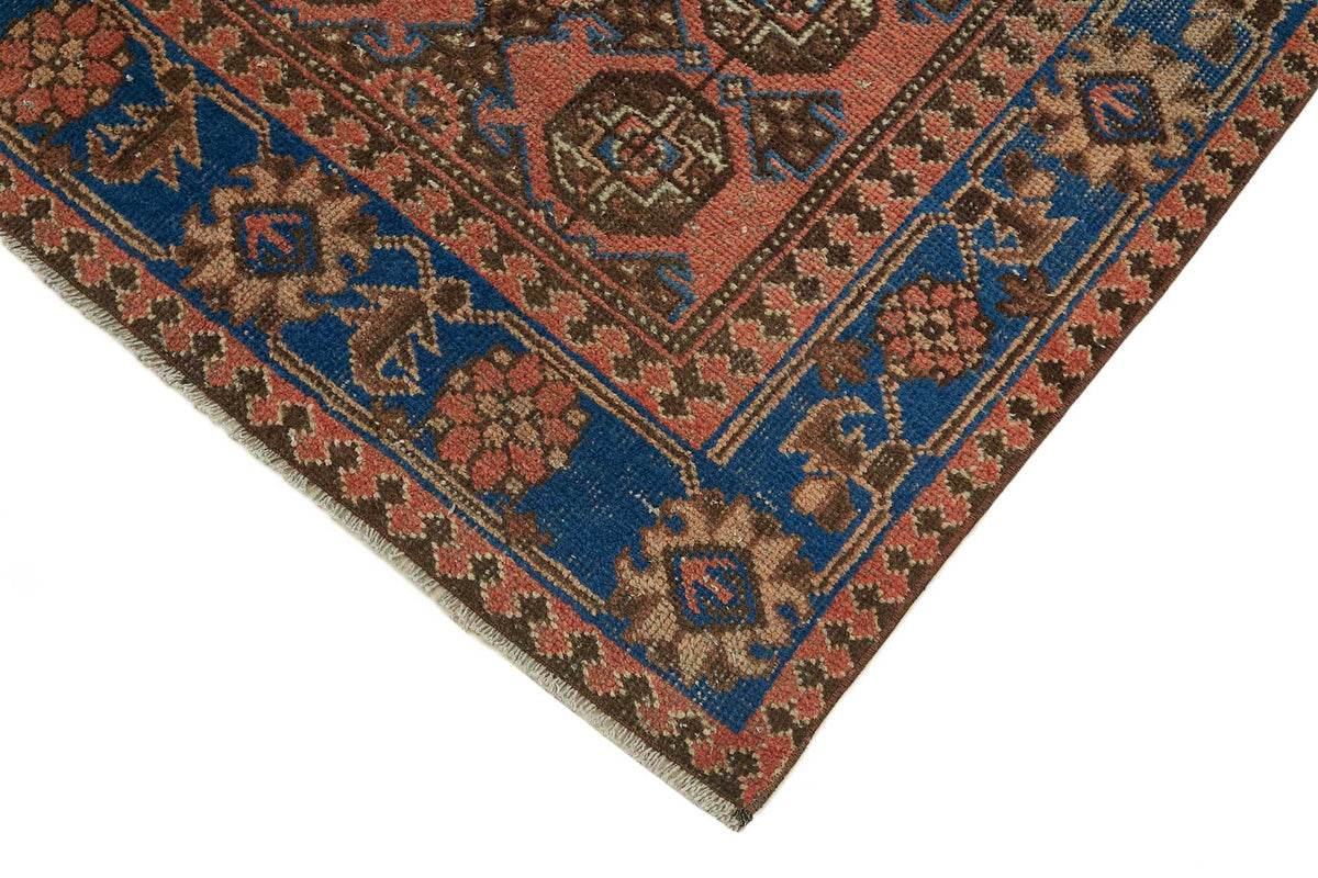 Rusvo Turuncu Mavi Madalyonlu Vintage Yün Halı 105x327 cm – detay görünümü