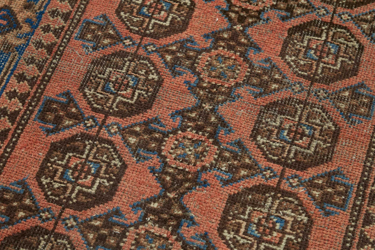 Rusvo Turuncu Mavi Madalyonlu Vintage Yün Halı 105x327 cm – mekânda kullanım
