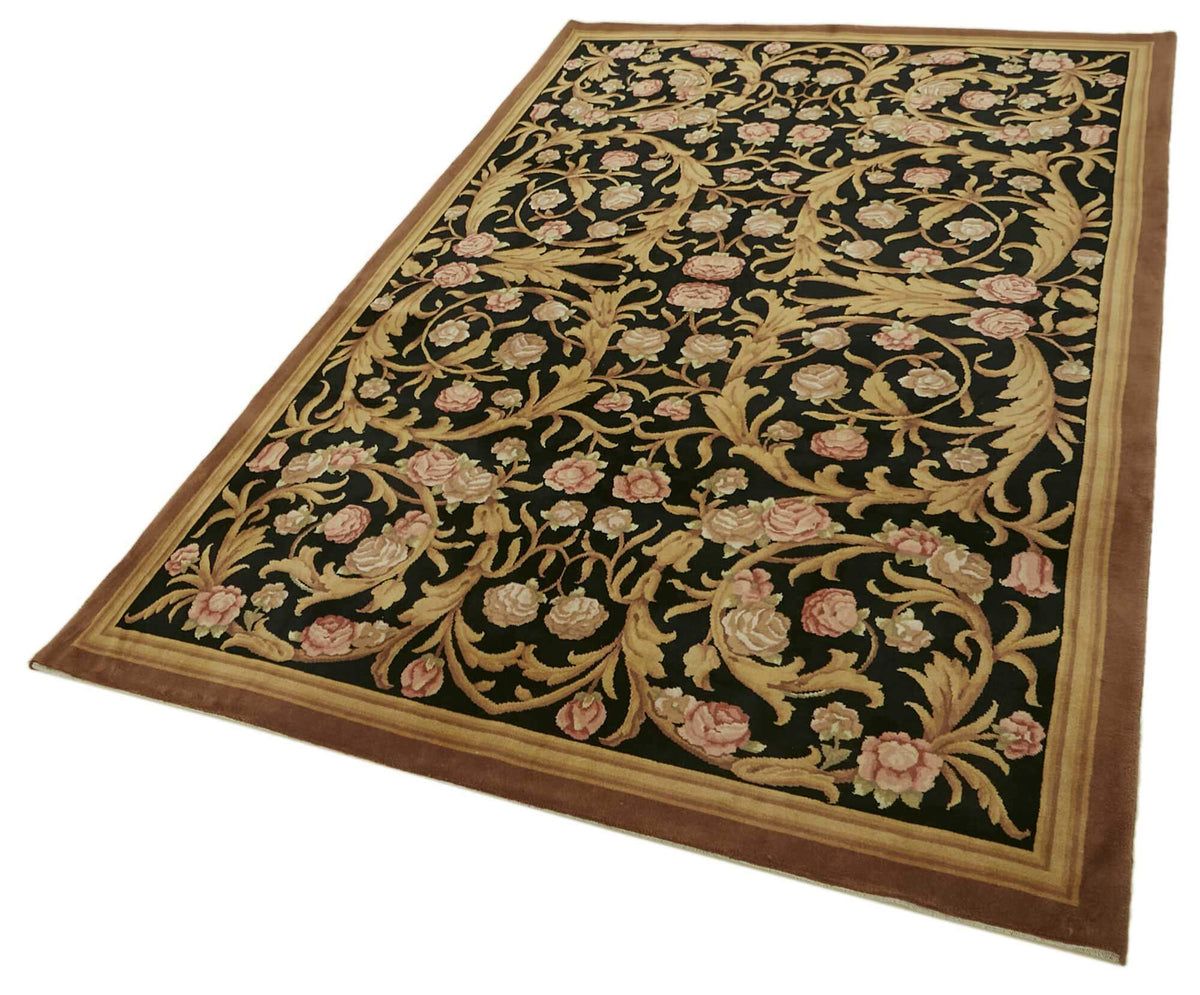 Komve Siyah Bej Çiçek Desenli Yün El Dokuma Halı 168x260 cm – doku yakın çekim