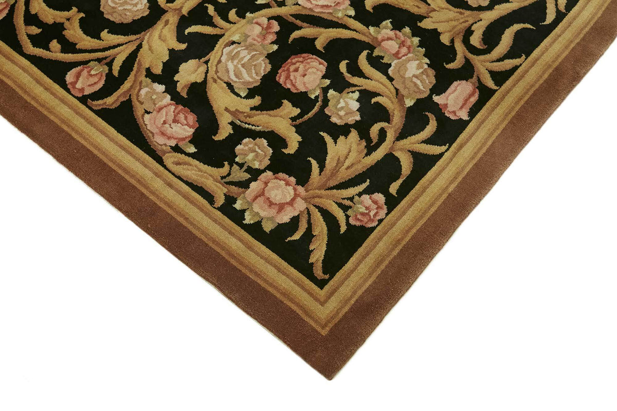 Komve Siyah Bej Çiçek Desenli Yün El Dokuma Halı 168x260 cm – detay görünümü