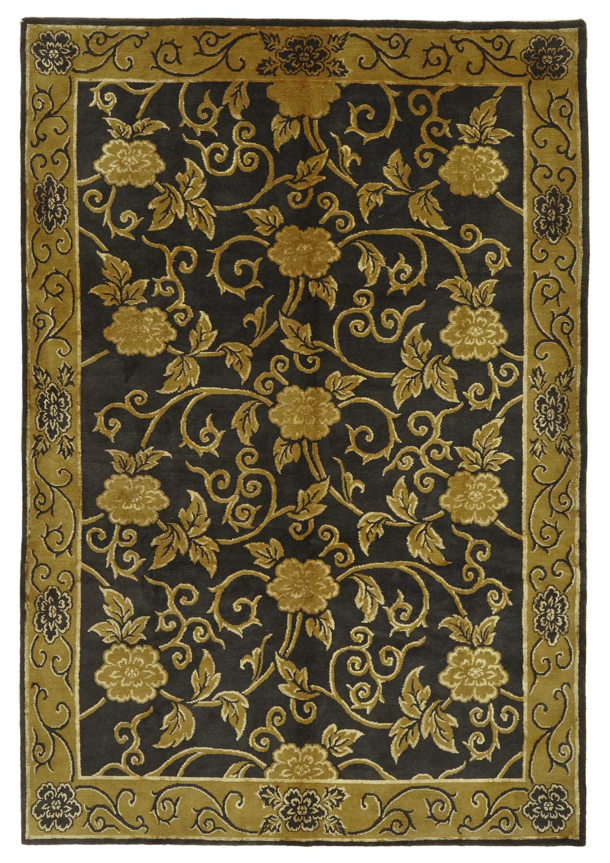 Komve Çiçek Desenli Siyah Gold El Dokuma Uşak Halı 184x264 cm