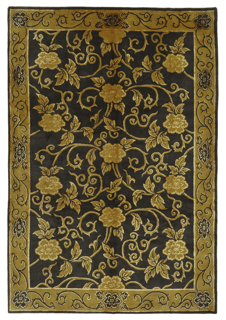 Komve Çiçek Desenli Siyah Gold El Dokuma Uşak Halı 184x264 cm