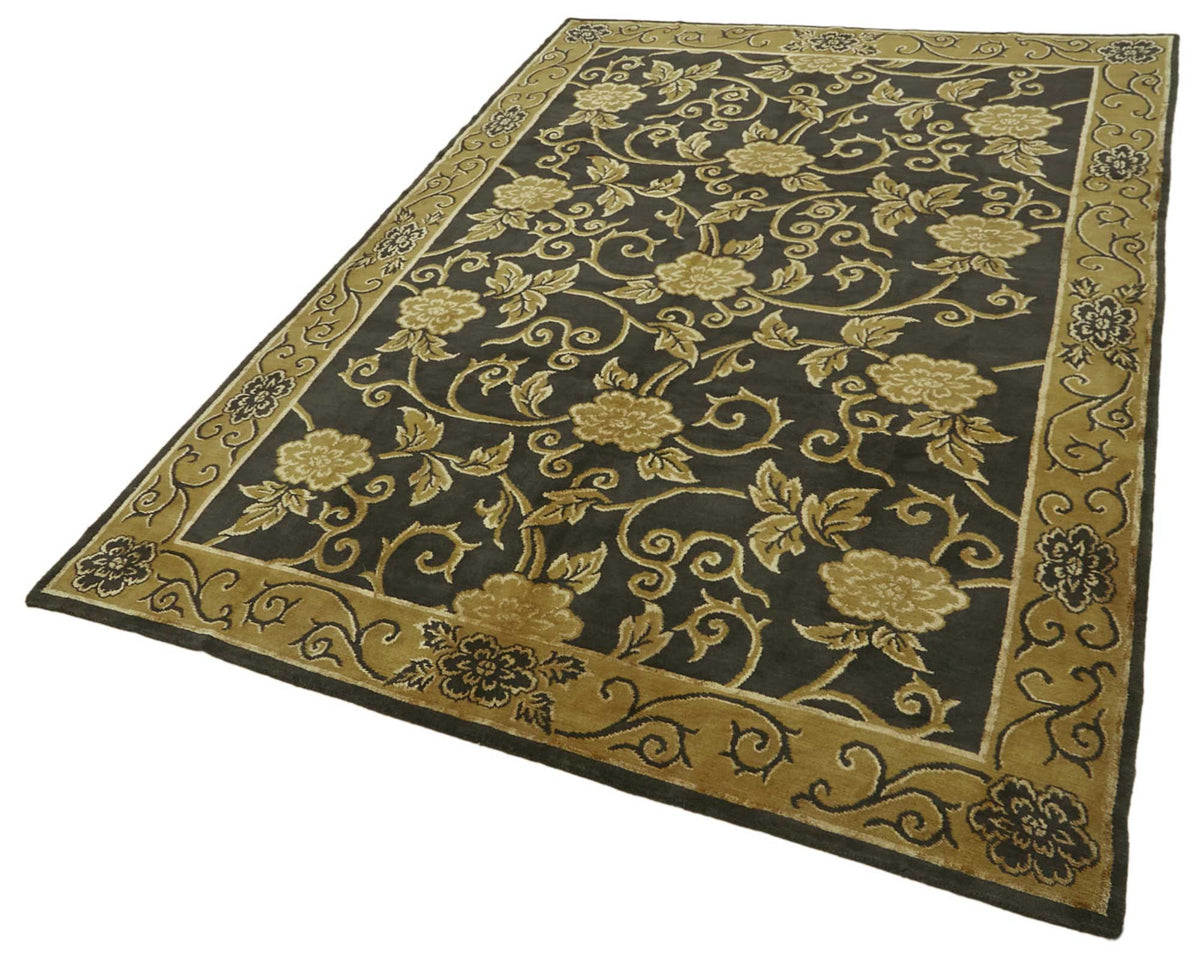 Komve Çiçek Desenli Siyah Gold El Dokuma Uşak Halı 184x264 cm – doku yakın çekim