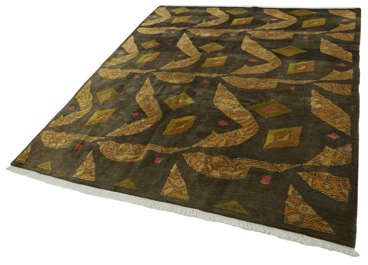 Komve Kahverengi Geometrik Desenli Modern El Dokuma Halı 238x292 cm – doku yakın çekim