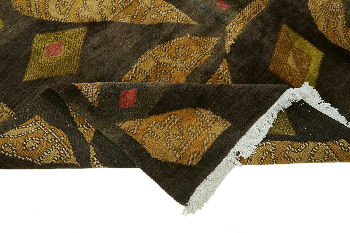 Komve Kahverengi Geometrik Desenli Modern El Dokuma Halı 238x292 cm – kenar detayı