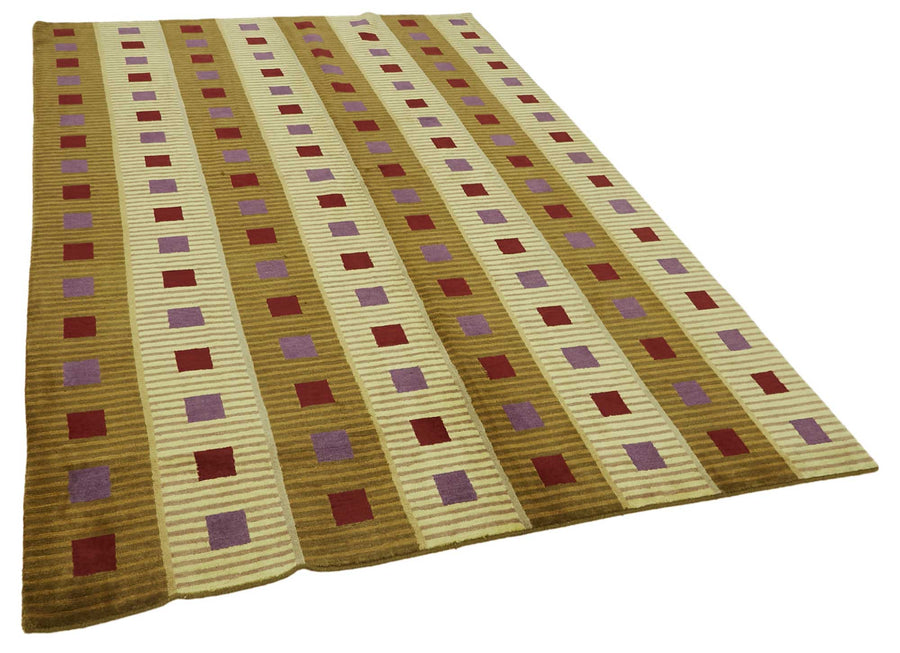 Komve Sarı Bordo Geometrik Desenli Yün Pamuk El Dokuma Halı 182x270 cm – genel görünüm