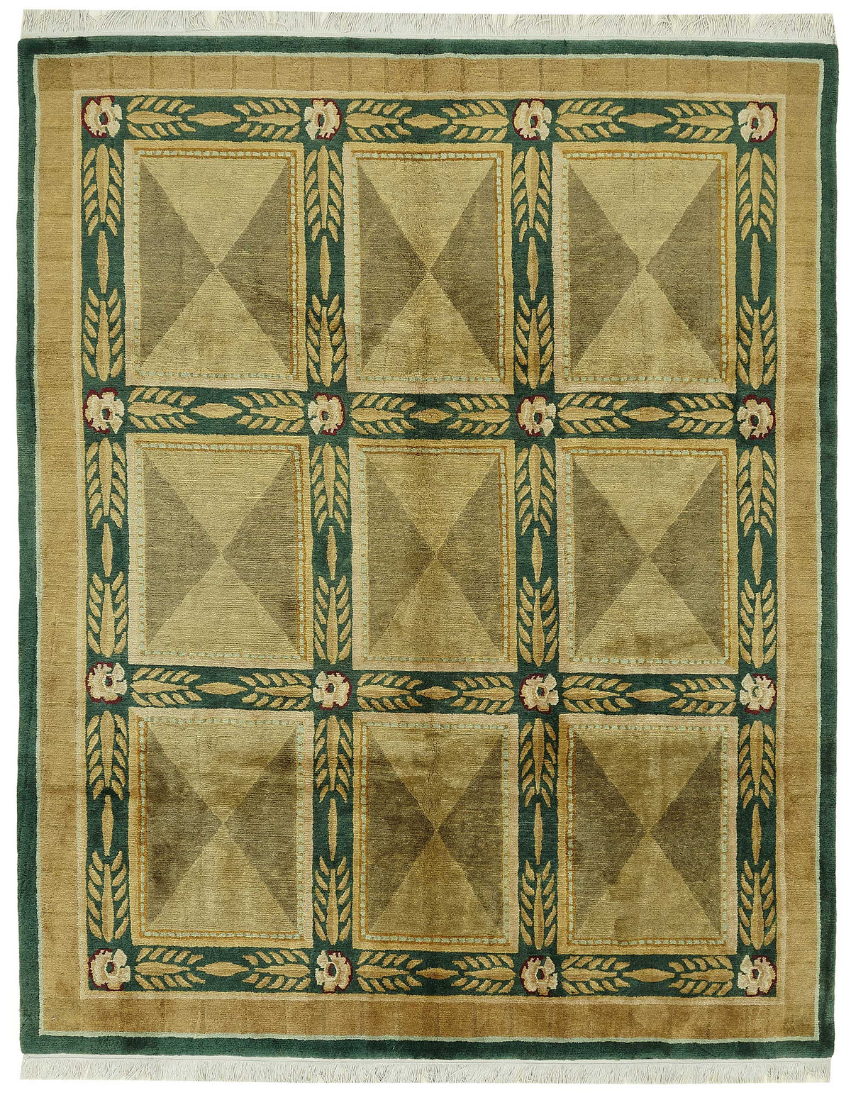 Komve Kareli Desenli Bej ve Yeşil Uşak El Dokuma Halı 247x312 cm