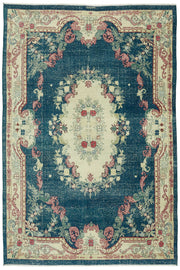 Rusvo Lacivert Bej Halı Çiçek Desenli Vintage El Dokuma 248x371 cm