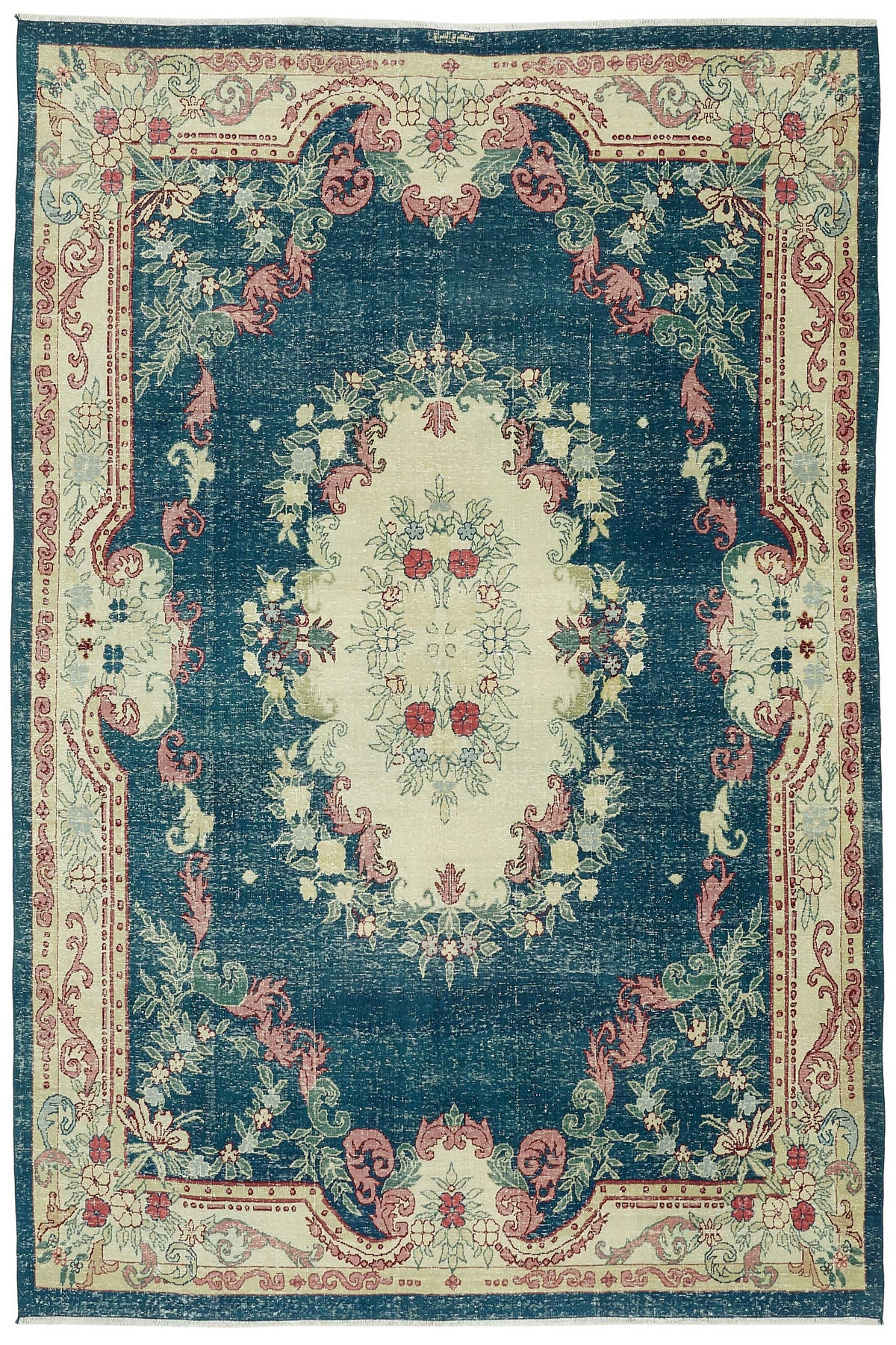Rusvo Lacivert Bej Halı Çiçek Desenli Vintage El Dokuma 248x371 cm