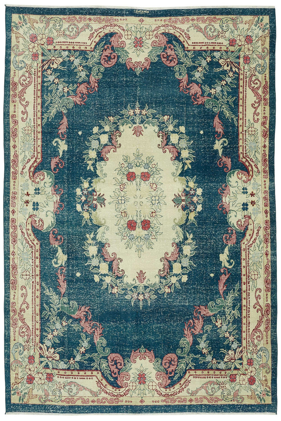 Rusvo Lacivert Bej Halı Çiçek Desenli Vintage El Dokuma 248x371 cm