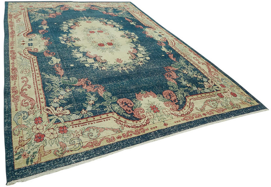 Rusvo Lacivert Bej Halı Çiçek Desenli Vintage El Dokuma 248x371 cm – genel görünüm