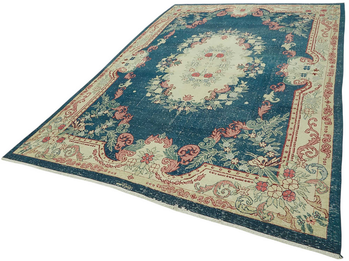 Rusvo Lacivert Bej Halı Çiçek Desenli Vintage El Dokuma 248x371 cm – doku yakın çekim