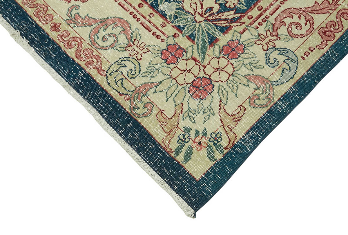 Rusvo Lacivert Bej Halı Çiçek Desenli Vintage El Dokuma 248x371 cm – detay görünümü