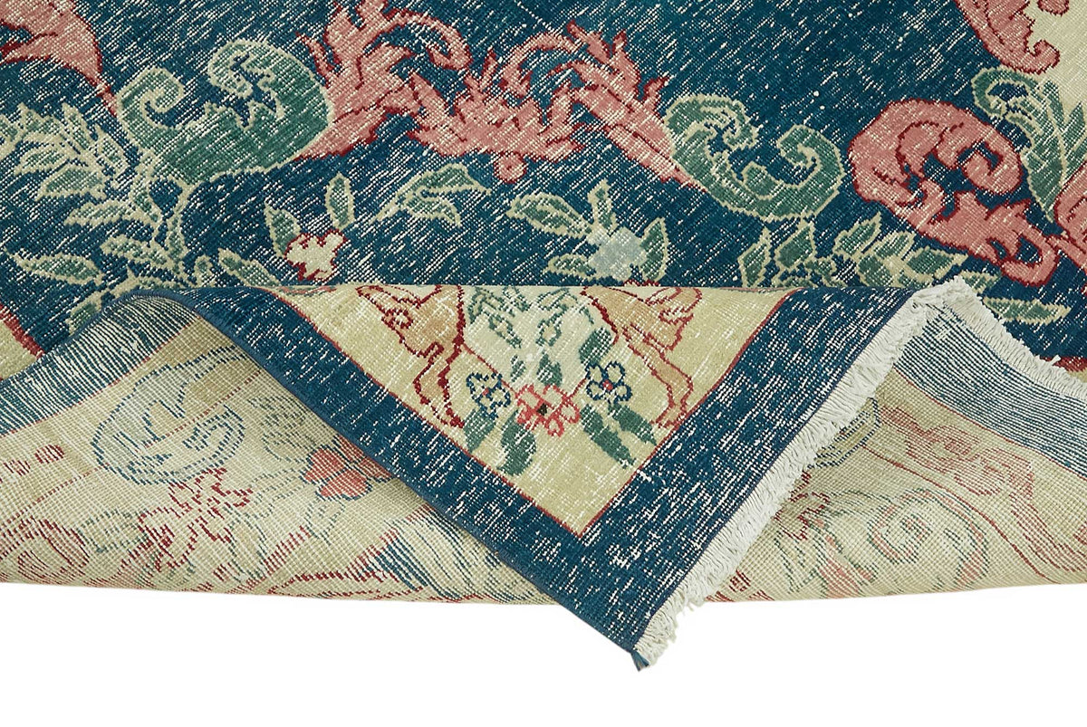 Rusvo Lacivert Bej Halı Çiçek Desenli Vintage El Dokuma 248x371 cm – kenar detayı