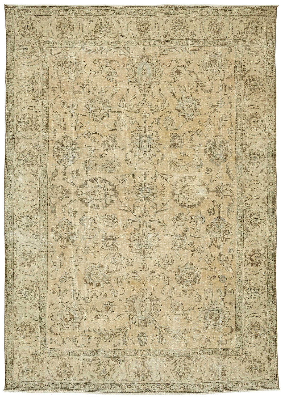Rusvo Çiçek Desenli Bej ve Kahverengi Vintage El Dokuma Halı 227x328 cm