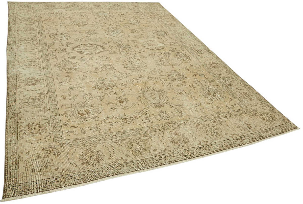 Rusvo Çiçek Desenli Bej ve Kahverengi Vintage El Dokuma Halı 227x328 cm – genel görünüm