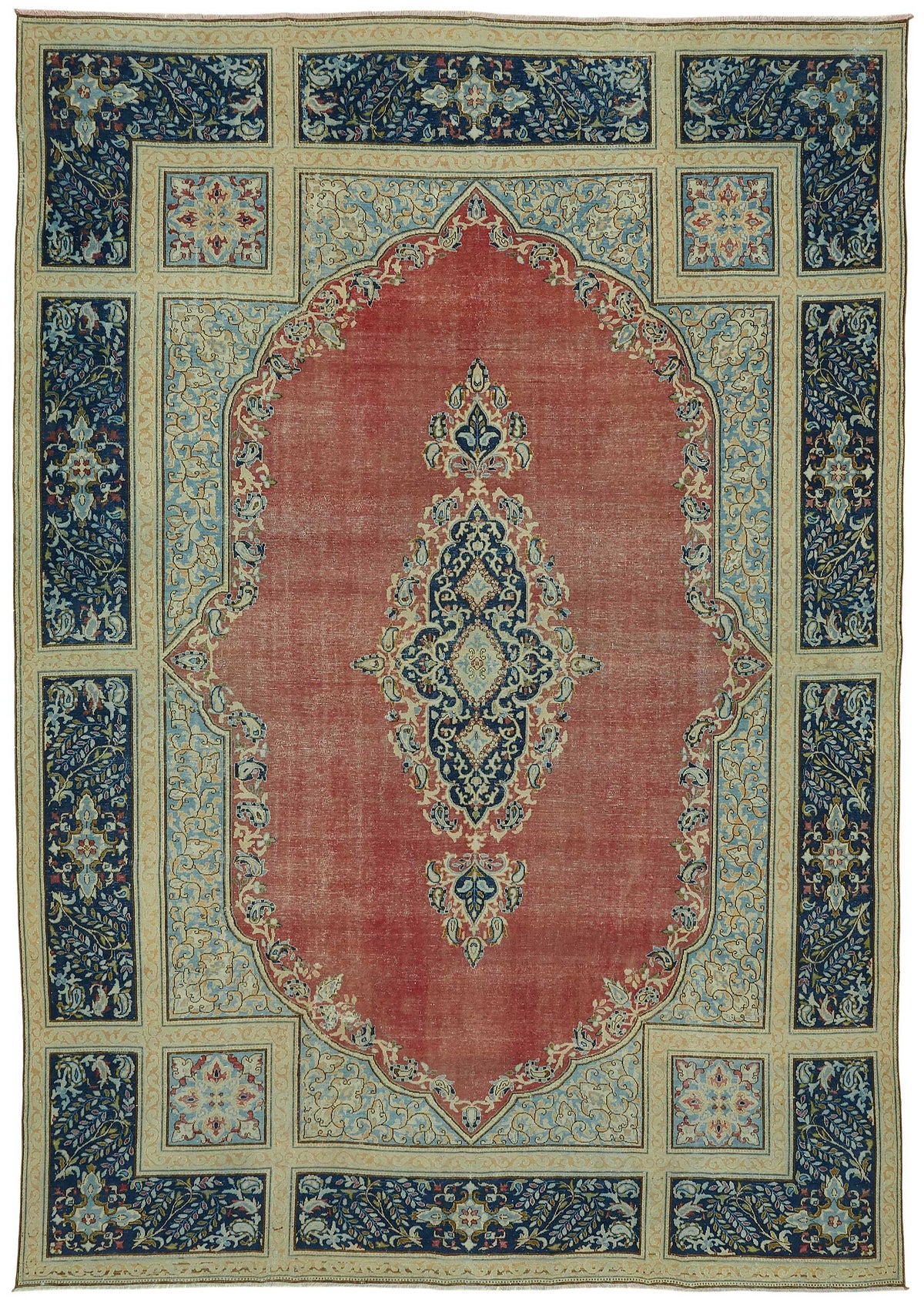 Rusvo Kırmızı Lacivert Madalyon Desenli 30-70 Yıllık El Dokuma Halı 266x383 cm