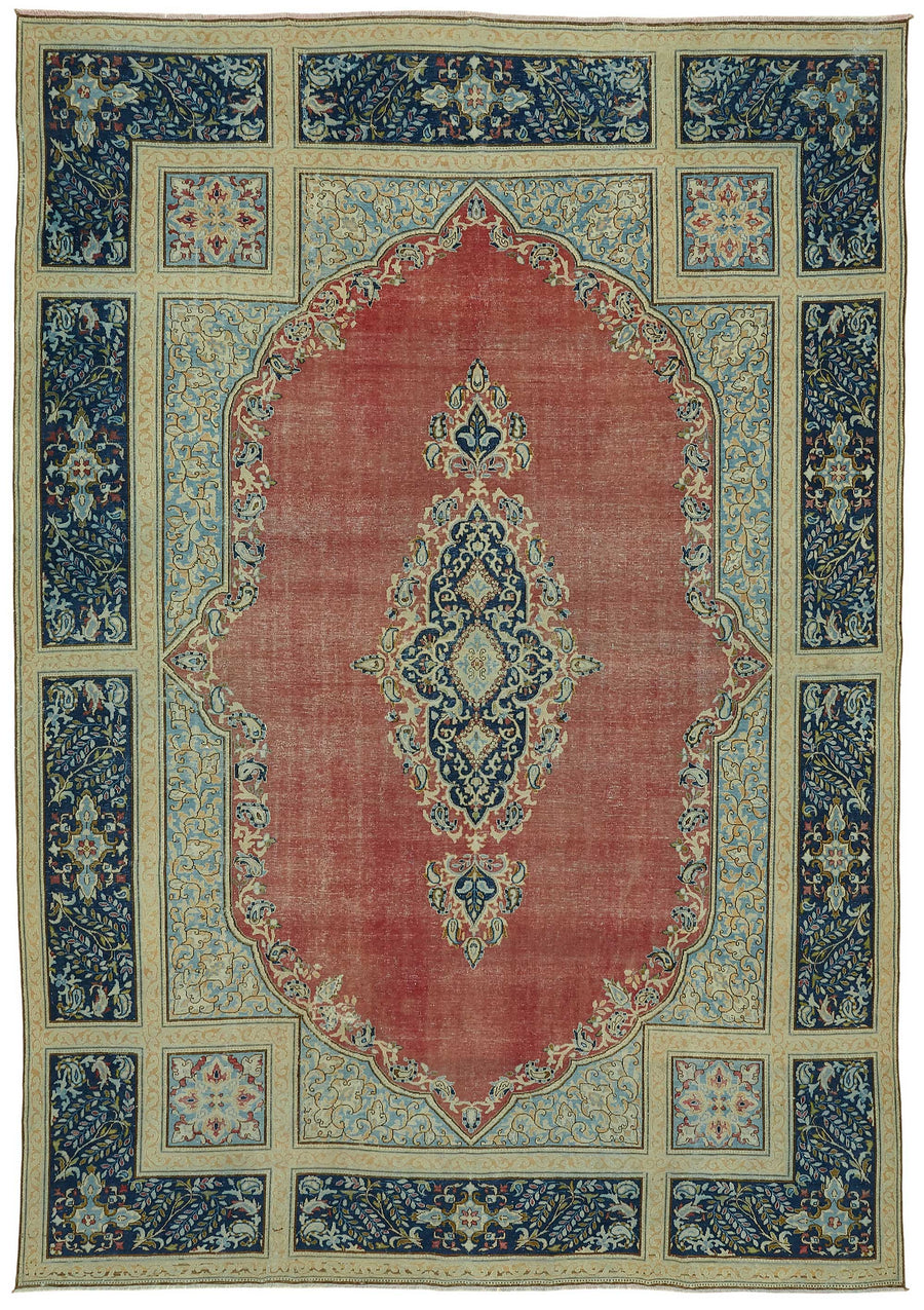 Rusvo Kırmızı Lacivert Madalyon Desenli 30-70 Yıllık El Dokuma Halı 266x383 cm