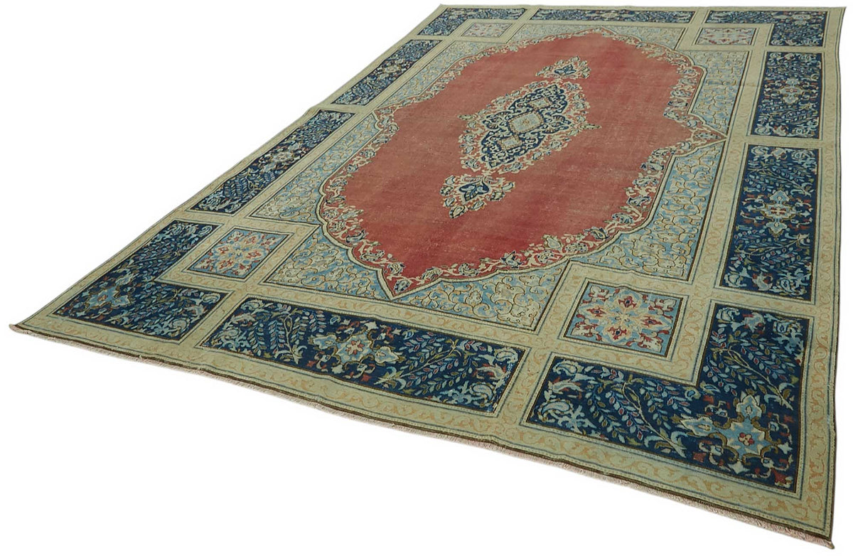 Rusvo Kırmızı Lacivert Madalyon Desenli 30-70 Yıllık El Dokuma Halı 266x383 cm – doku yakın çekim