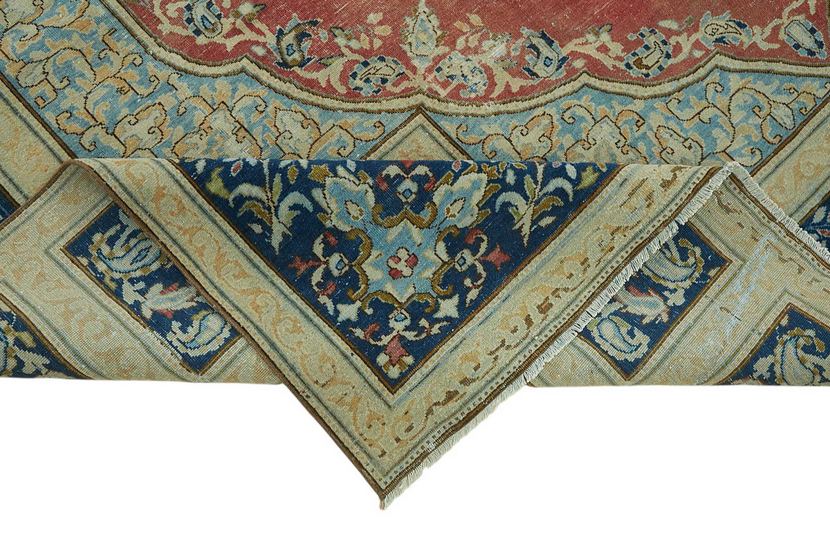 Rusvo Kırmızı Lacivert Madalyon Desenli 30-70 Yıllık El Dokuma Halı 266x383 cm – kenar detayı