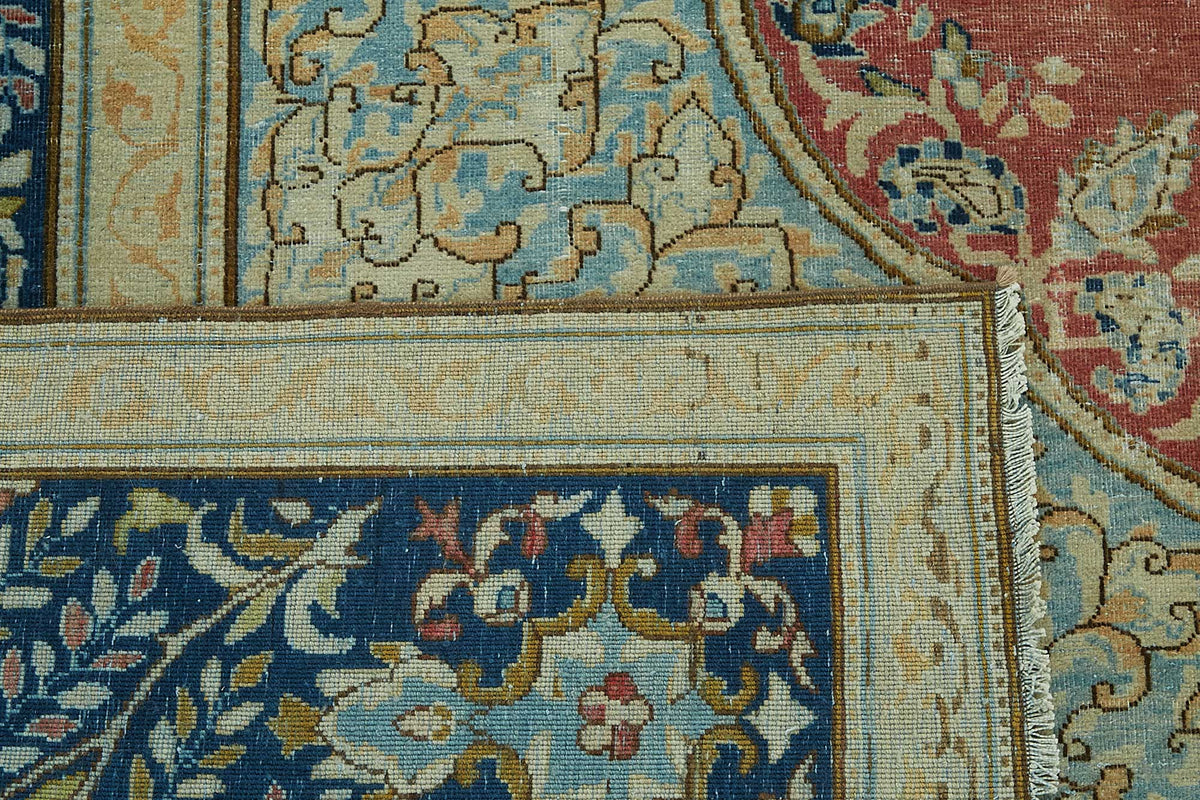 Rusvo Kırmızı Lacivert Madalyon Desenli 30-70 Yıllık El Dokuma Halı 266x383 cm – arka yüz görünümü