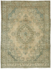 Rusvo Bej Madalyon Desenli Yün El Dokuma Vintage Halı 293x388 cm