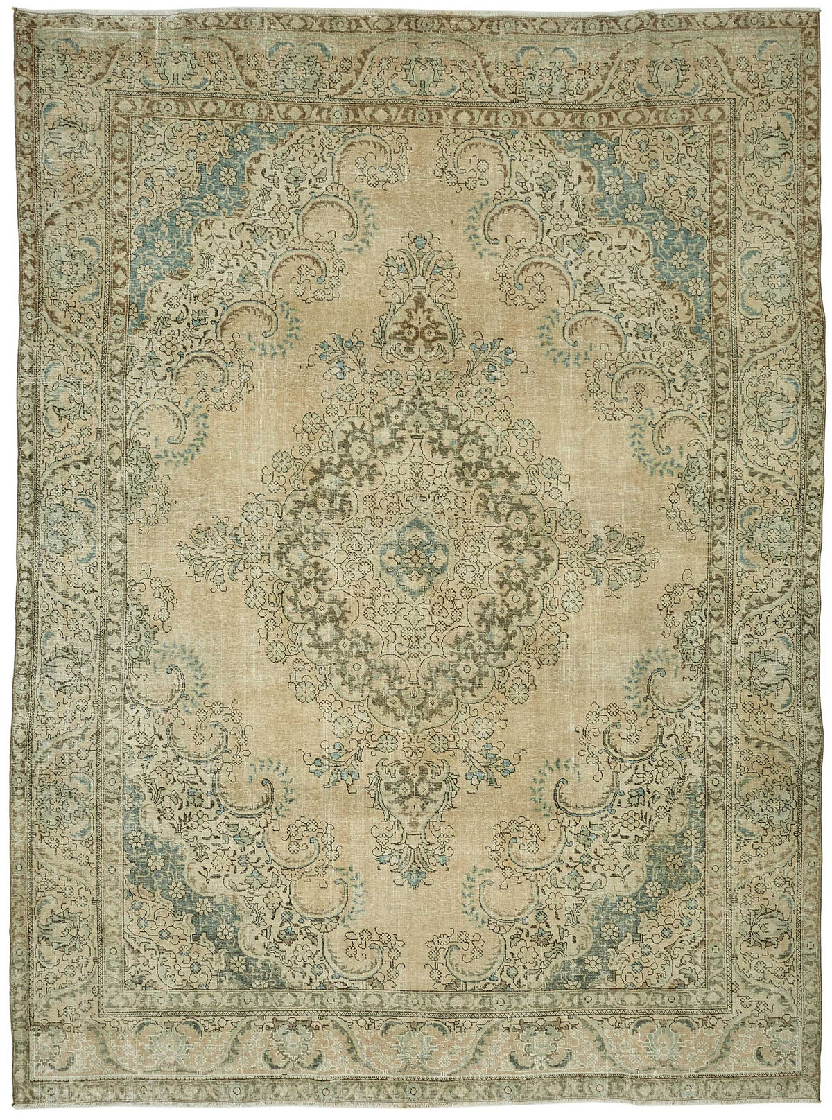 Rusvo Bej Madalyon Desenli Yün El Dokuma Vintage Halı 293x388 cm