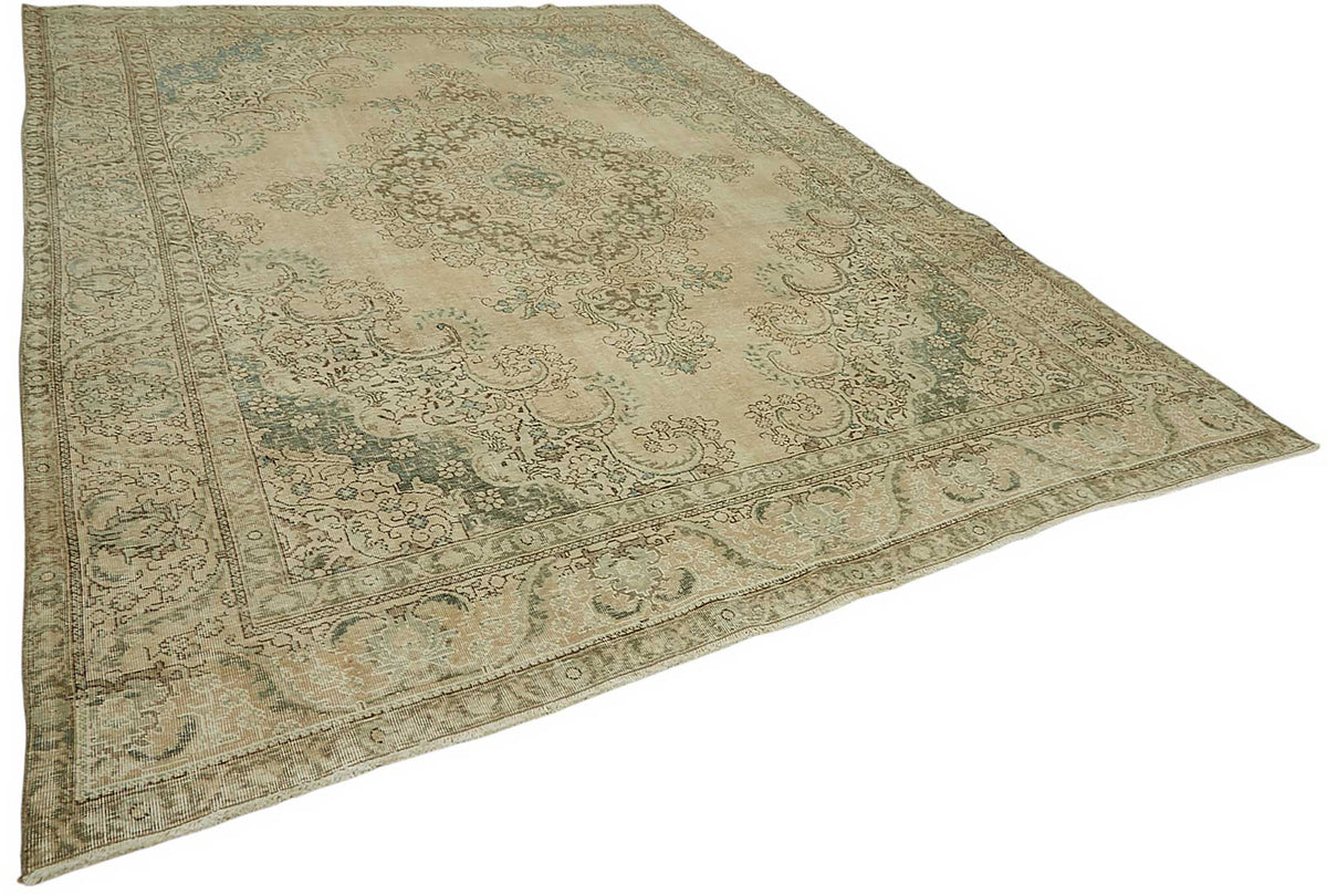 Rusvo Bej Madalyon Desenli Yün El Dokuma Vintage Halı 293x388 cm – genel görünüm