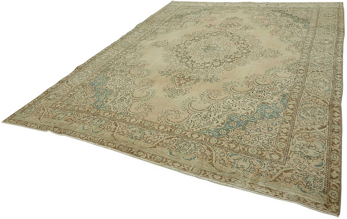 Rusvo Bej Madalyon Desenli Yün El Dokuma Vintage Halı 293x388 cm – doku yakın çekim