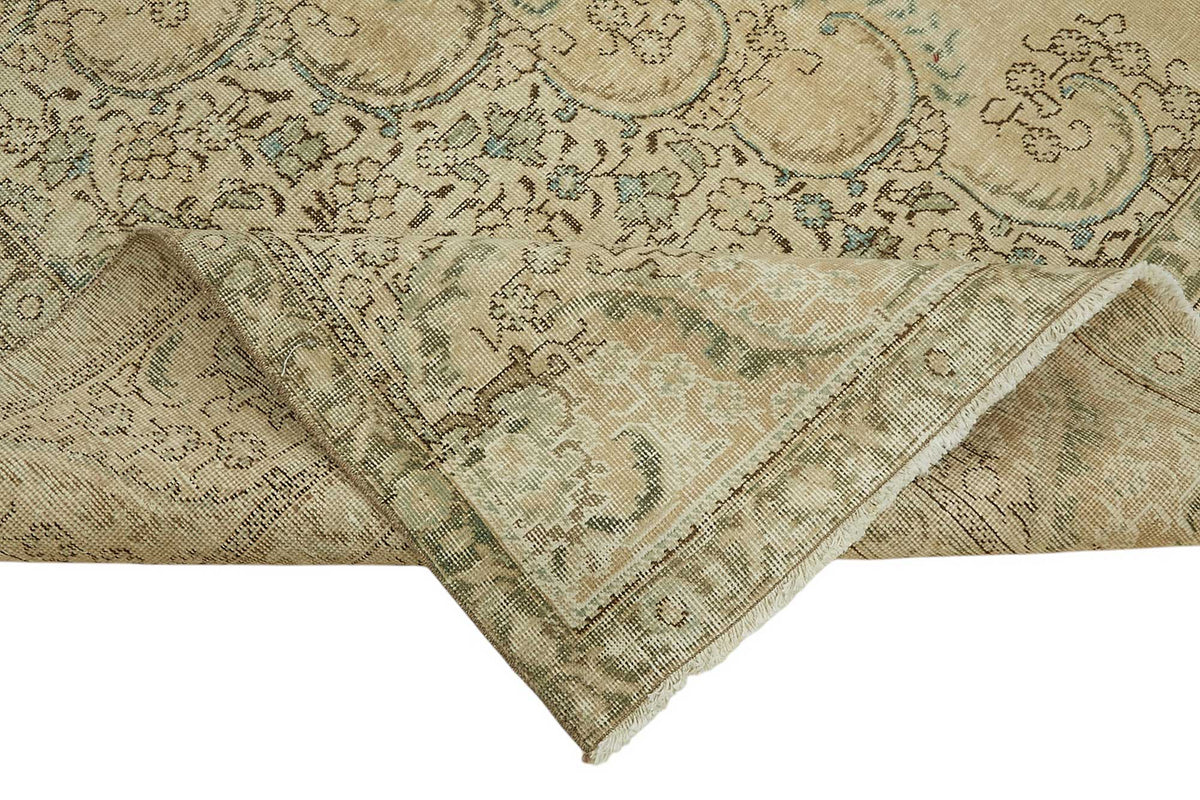 Rusvo Bej Madalyon Desenli Yün El Dokuma Vintage Halı 293x388 cm – kenar detayı