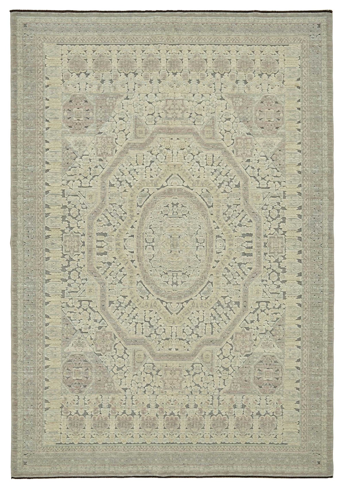Veltos Bej Gri Madalyon Desenli Klasik El Dokuma Halı 200x297 cm