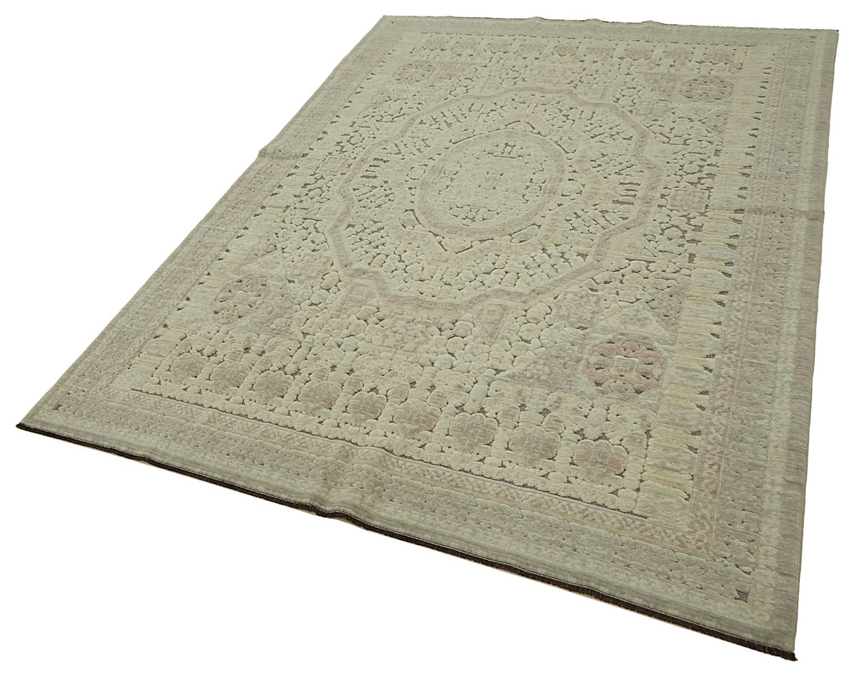 Veltos Bej Gri Madalyon Desenli Klasik El Dokuma Halı 200x297 cm – doku yakın çekim