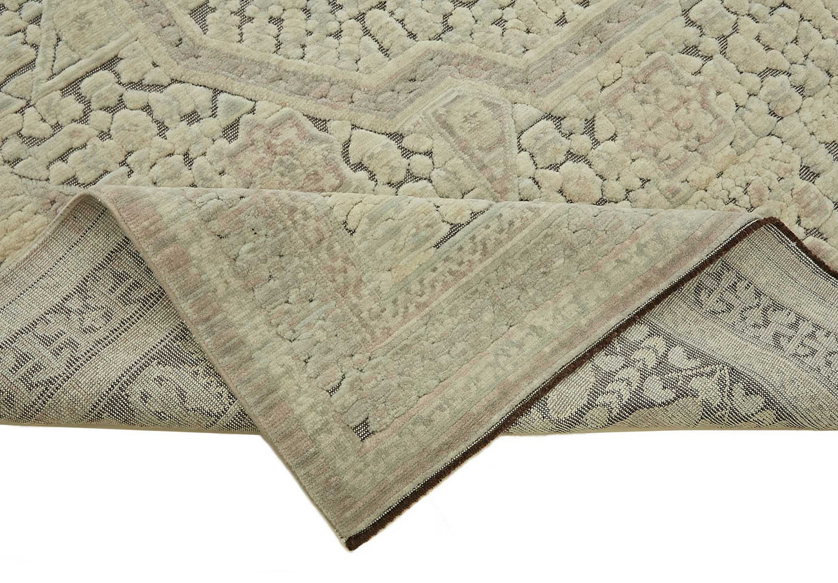 Veltos Bej Gri Madalyon Desenli Klasik El Dokuma Halı 200x297 cm – kenar detayı