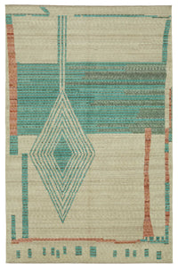 Veltos Bej Turkuaz Geometrik Desenli El Dokuma Halı 197x300 cm