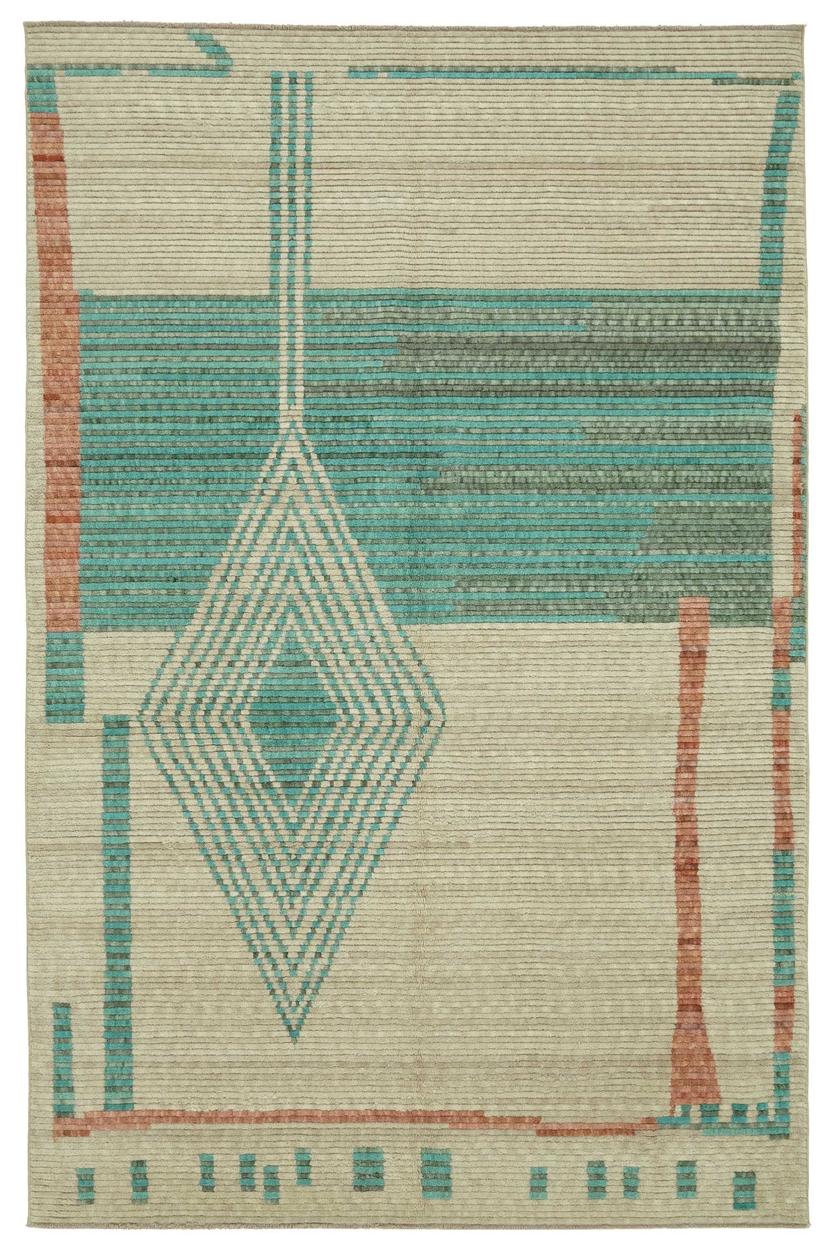 Veltos Bej Turkuaz Geometrik Desenli El Dokuma Halı 197x300 cm