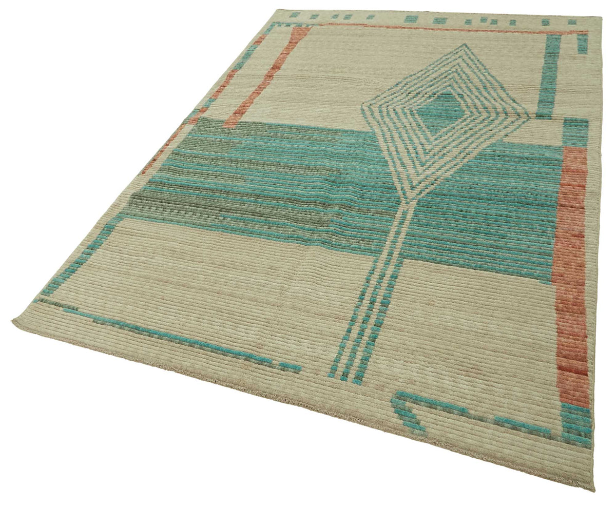 Veltos Bej Turkuaz Geometrik Desenli El Dokuma Halı 197x300 cm – doku yakın çekim