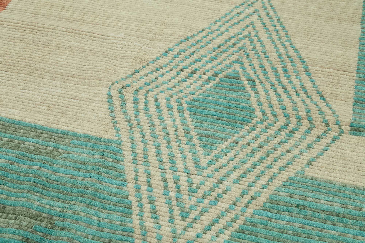 Veltos Bej Turkuaz Geometrik Desenli El Dokuma Halı 197x300 cm – mekânda kullanım