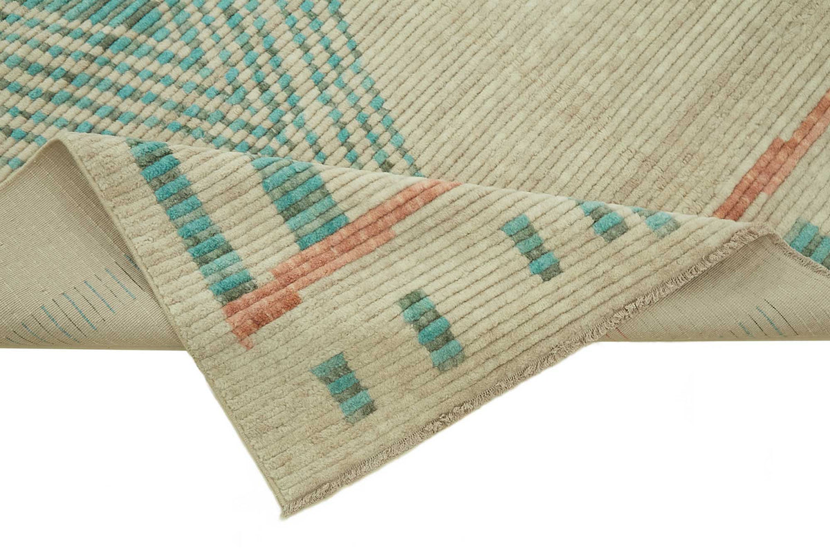Veltos Bej Turkuaz Geometrik Desenli El Dokuma Halı 197x300 cm – kenar detayı