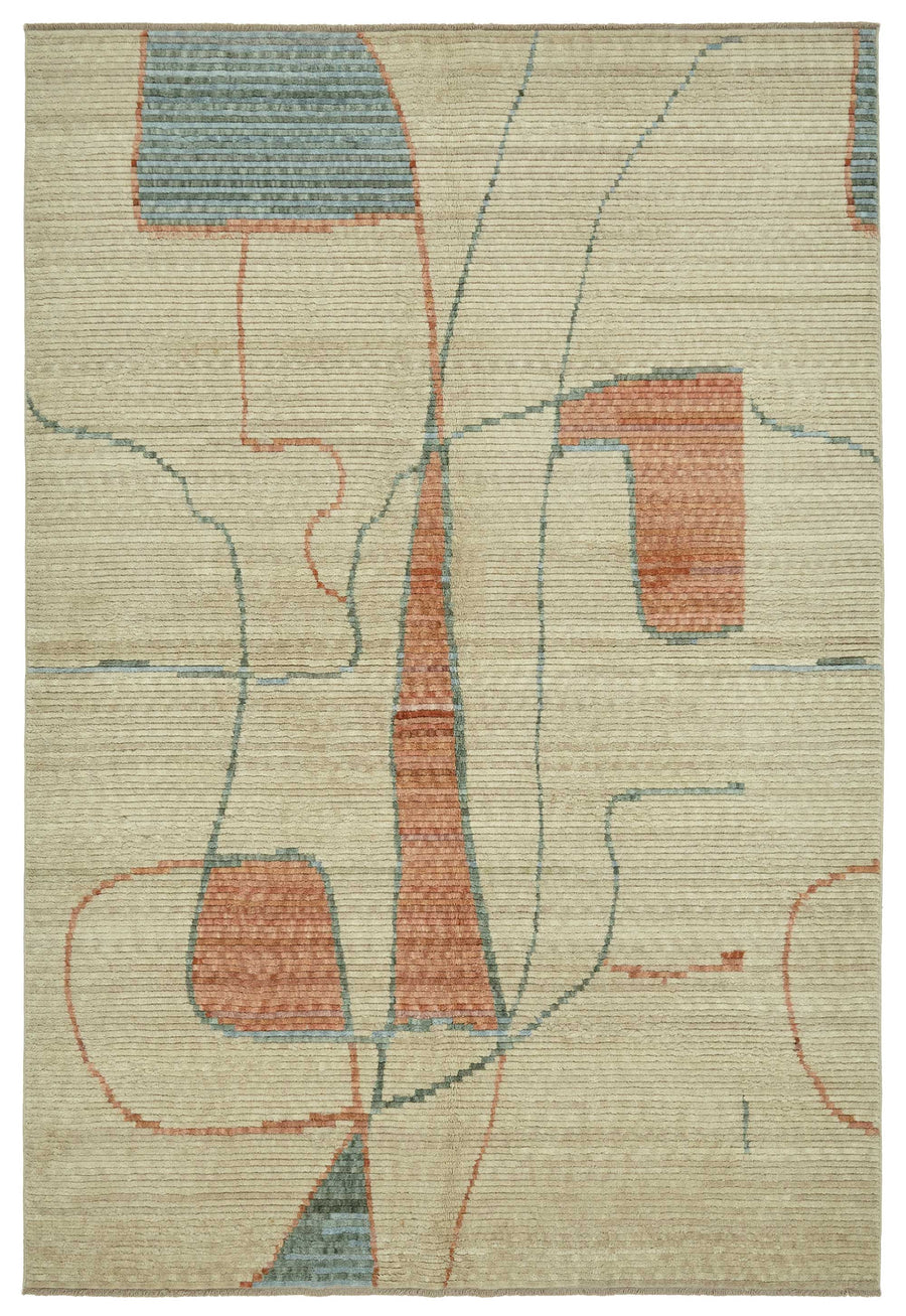 Veltos Bej Soyut Desenli Yün ve Pamuk El Dokuma Halı 205x297 cm