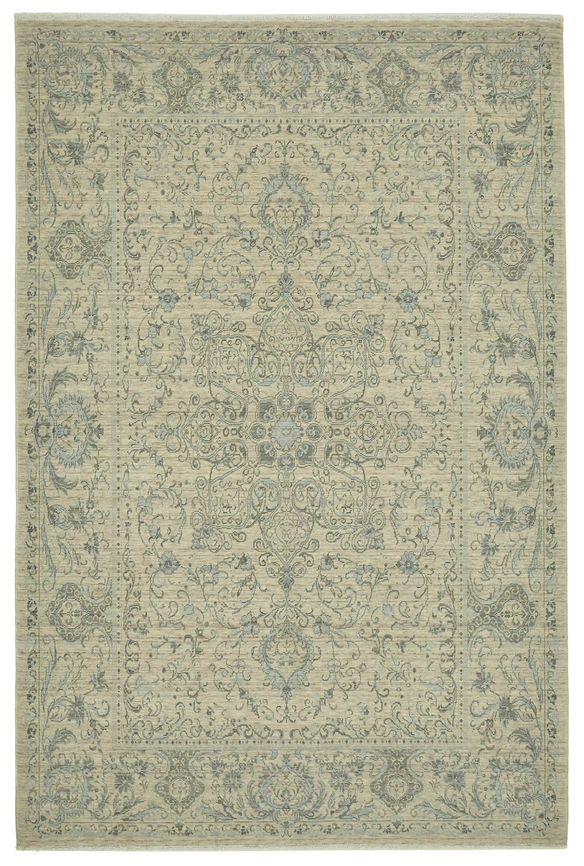 Veltos Açık Bej ve Buz Mavisi Madalyon Desenli Yün Halı 195x300 cm