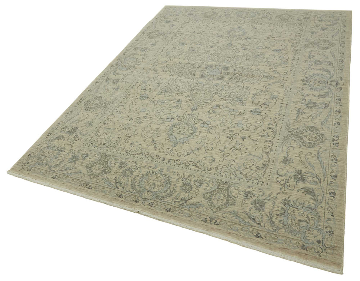 Veltos Açık Bej ve Buz Mavisi Madalyon Desenli Yün Halı 195x300 cm – doku yakın çekim